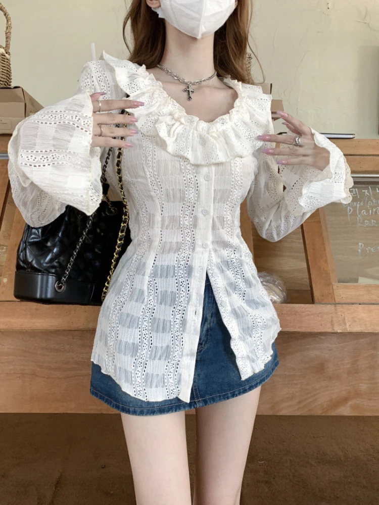 Blouses Women Tender Simple All-match Hollow Out Temperament Ulzzang Pure Casual Design Spring Slim Sexy Fashion Ladies Daily