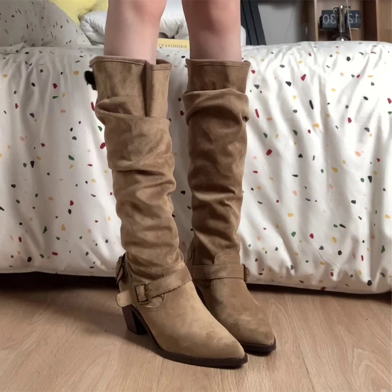 

Pointed Toe Women High Boots Suede Designer Shoes Fashion Dress Chunky Boots 2025 New Trend Winter Knee High Chelsea Botas Mujer