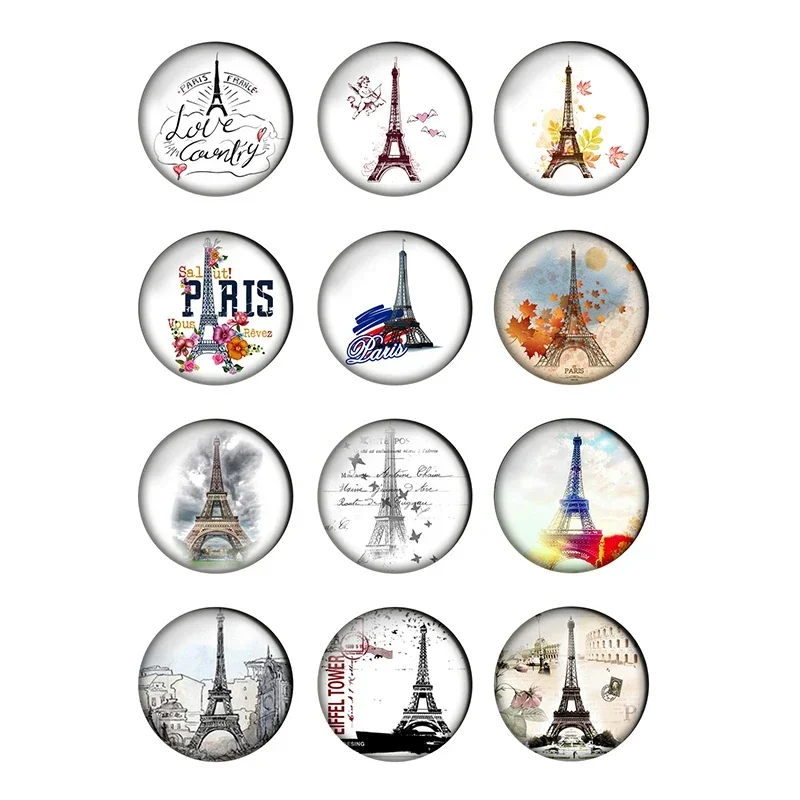 12pcs Paris Eiffel Tower Round Photo Glass Cabochon 10 12mm 14mm 18mm 20mm 25mm Demo Flat Back DIY Jewelry Making Supplies T025