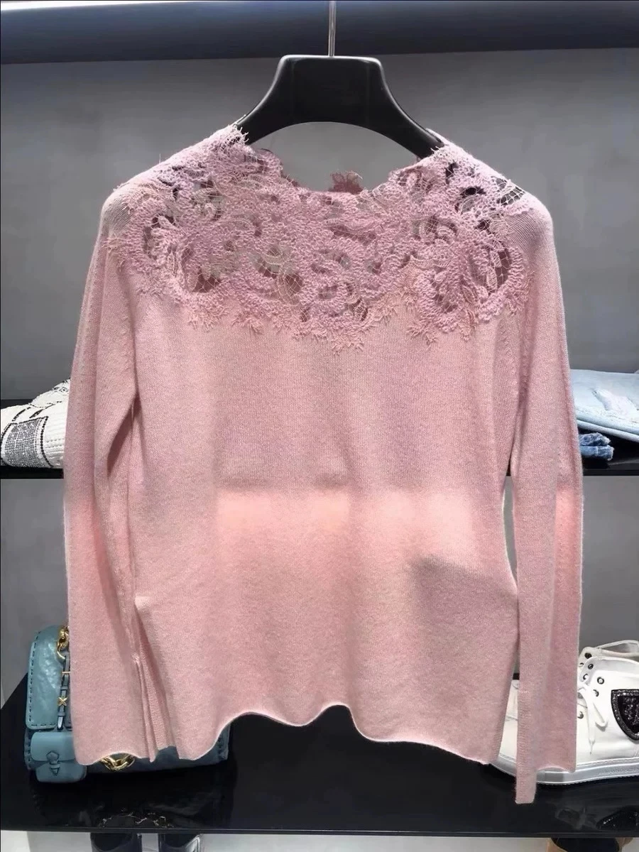 Luxury Pink Gray White Black 100% Cashmere Sweater For Women Embroidery Lace Hollow Out Long Sleeve Loose Elegant Knit Pullover