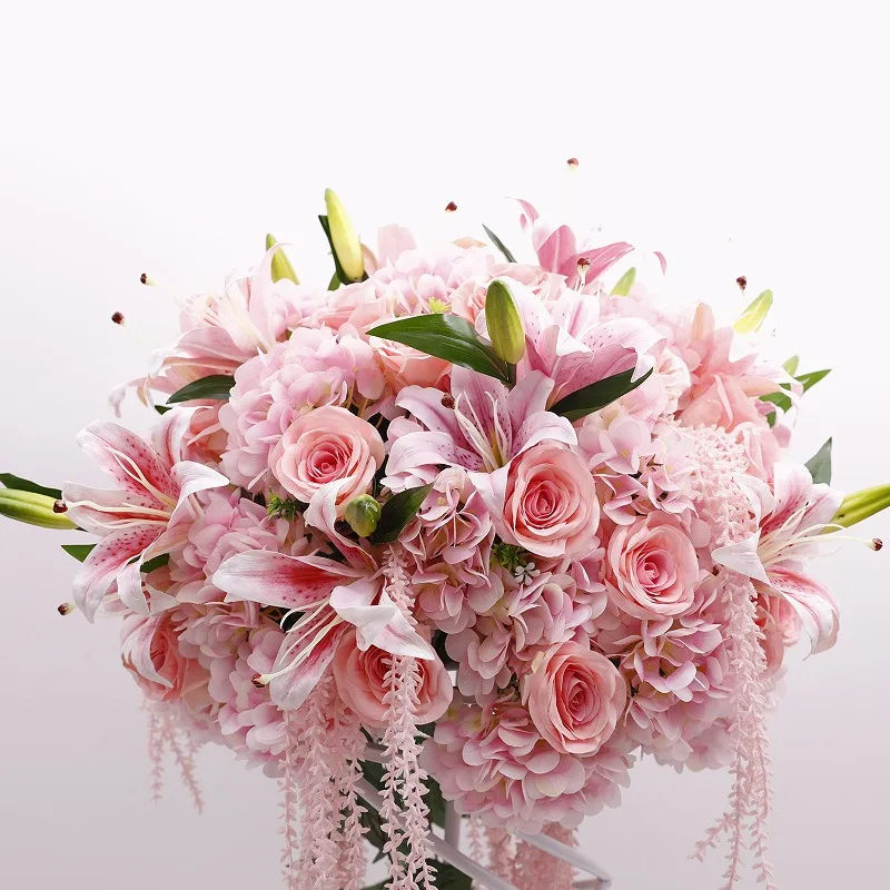 Artificial Lily Flower Ball Ornament, Dining Table Decoration Silk Rose Hydrangea, Bridal Wedding Simulation Flower Ball