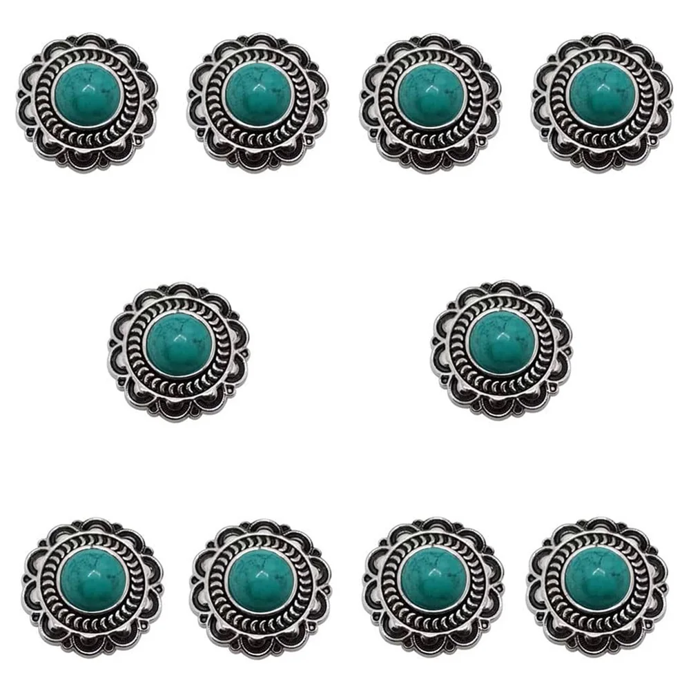 10 sztuk Vintage grawerowanie słonecznik dekoracyjna klamra turkusowe okrągłe Conchos odlewy przycisk z powrotem DIY akcesoria skórzane