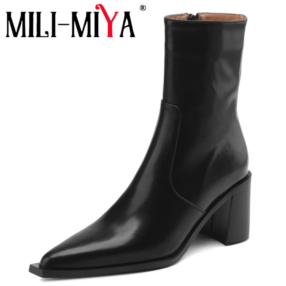 

MILI-MIYA Women's Full-Genuine Leather Pointed-Toe Side-Zip Oversized Fashion Ankle Boots Chunky Heel Solid-Colour Big Size 43