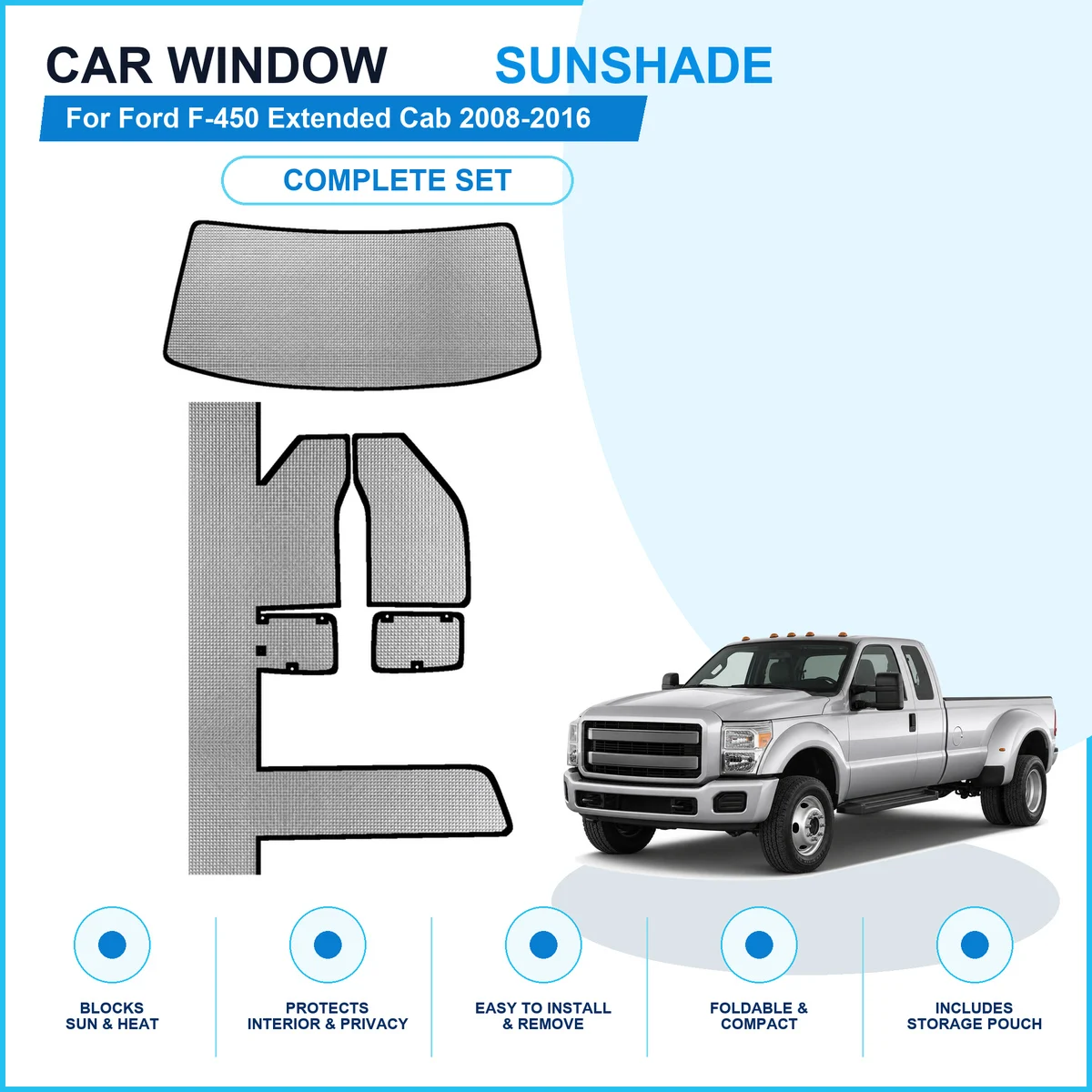 For Ford F-450 Extended Cab 2008-2016 Custom Full Set Window Sunshades Aluminum Foil Suction Cup Anti UV Privacy