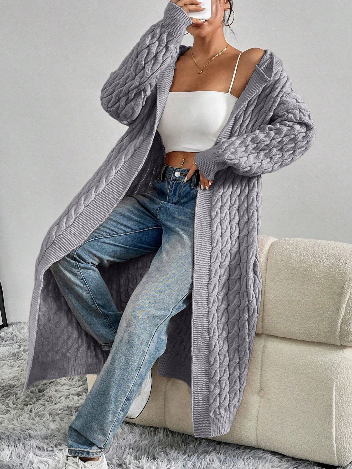 

Ladies' Long Hooded Cardigan Jacket before Shoulder Drop (Meaning before the Shoulder Drop Design Was Introduced)