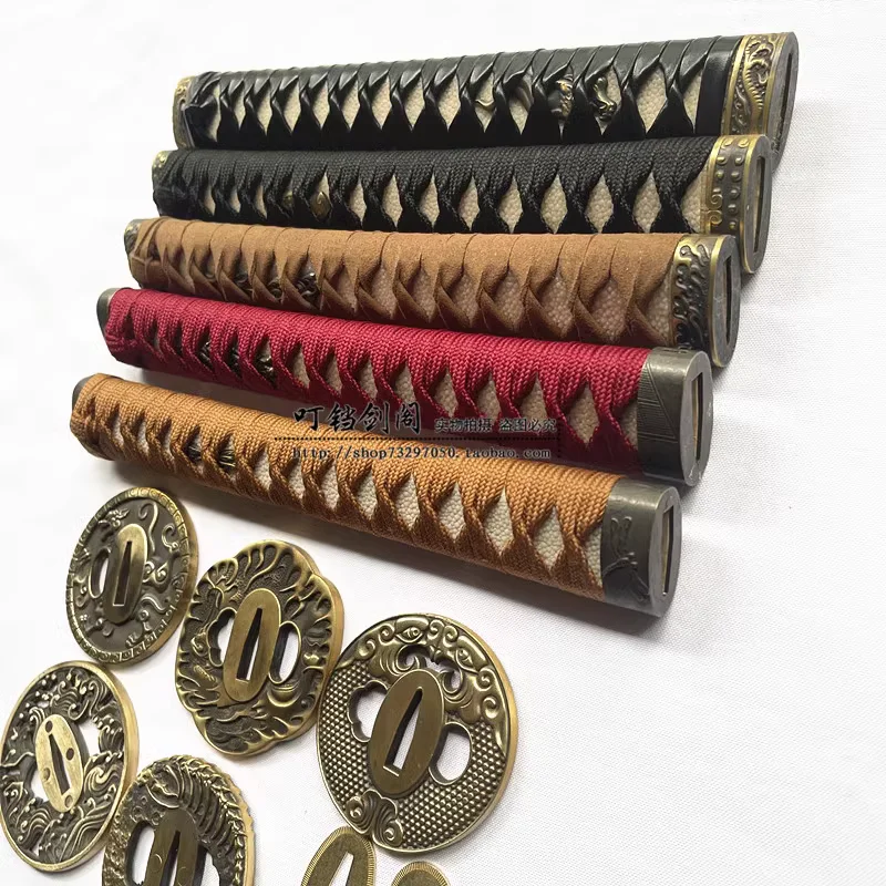 DIY 26cm Slightly Curved Katana Tsuka Set w/ Copper Tsuba,Habaki & Seppa, Genuine Fish Skin, Several Colors for Choice-2