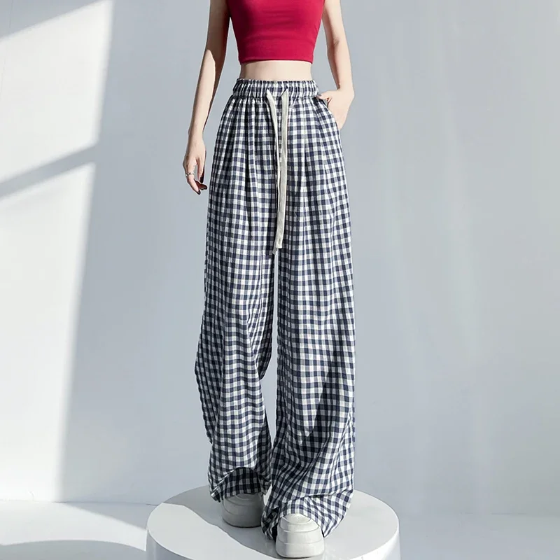 women in the summer of 2025, with a high waist and drooping feeling, casual cotton and linen ice silk straight leg floor pants