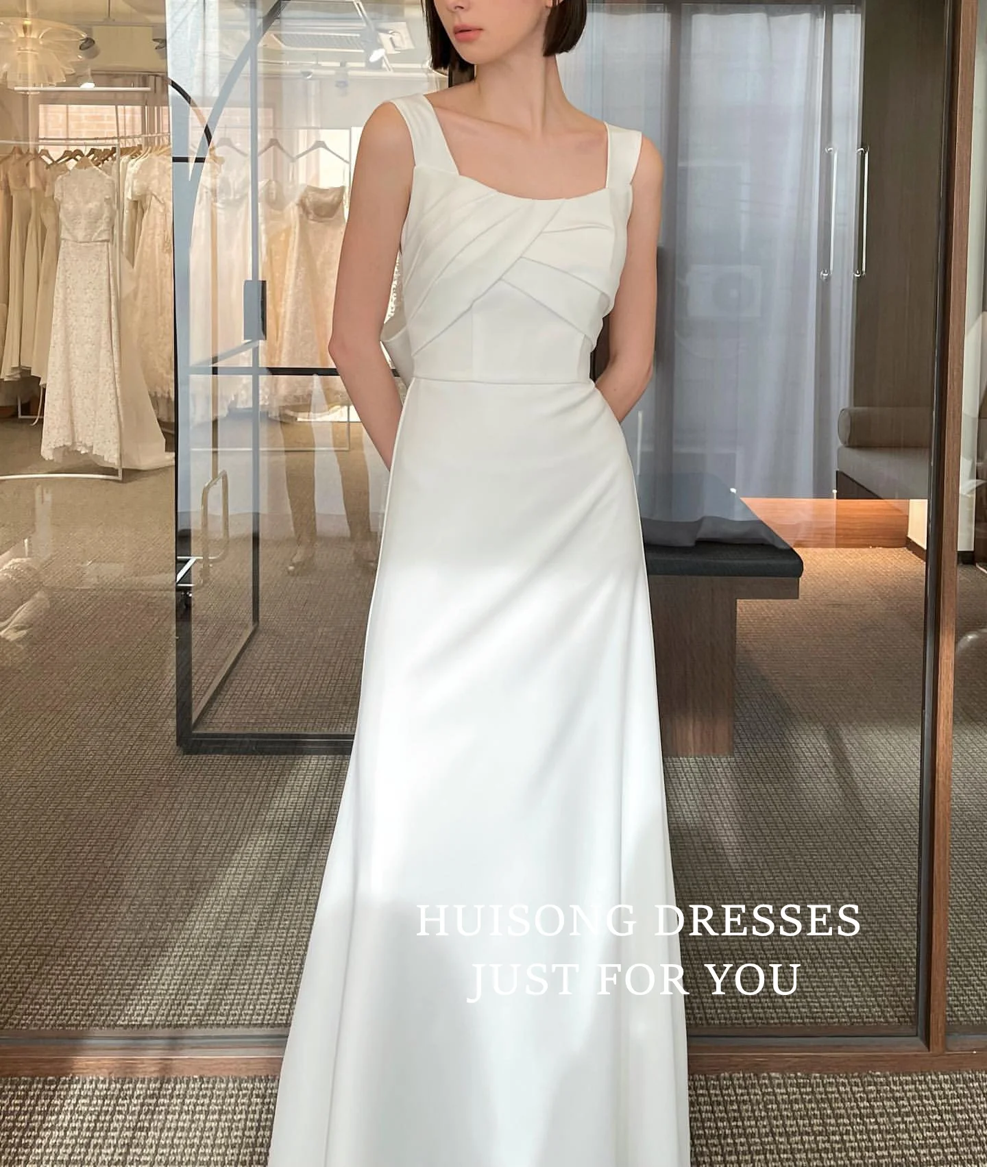 

HUISONG Customized Satin Korean Wedding Dress with Bow Spaghetti Straps A-Line Bridal Gown Korea Wedding Photo Shoot Dresses 프롬드