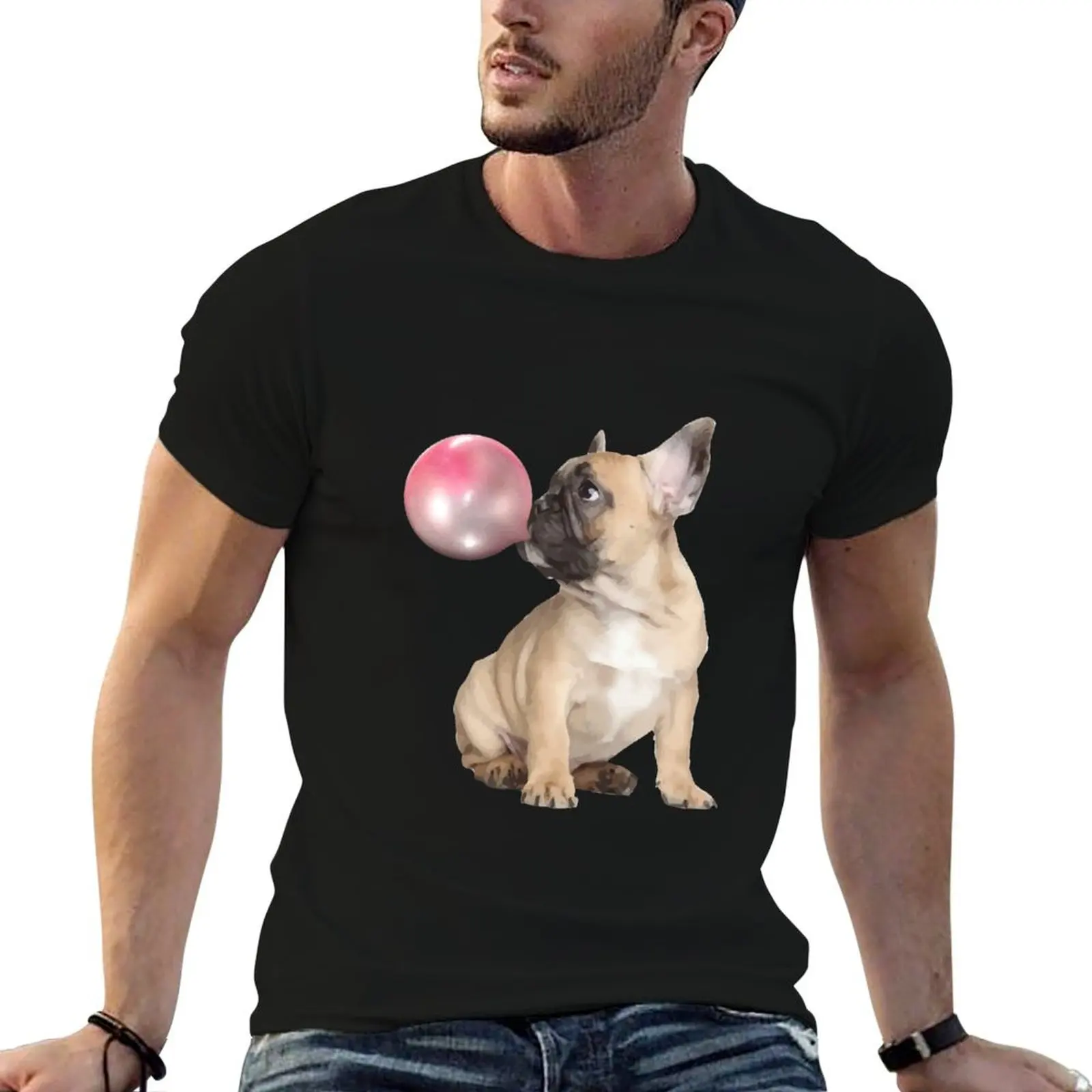 Camisa de cachorro rosa de lujo chicle francés, camiseta fresca de Frenchie y divertido perro bulldog