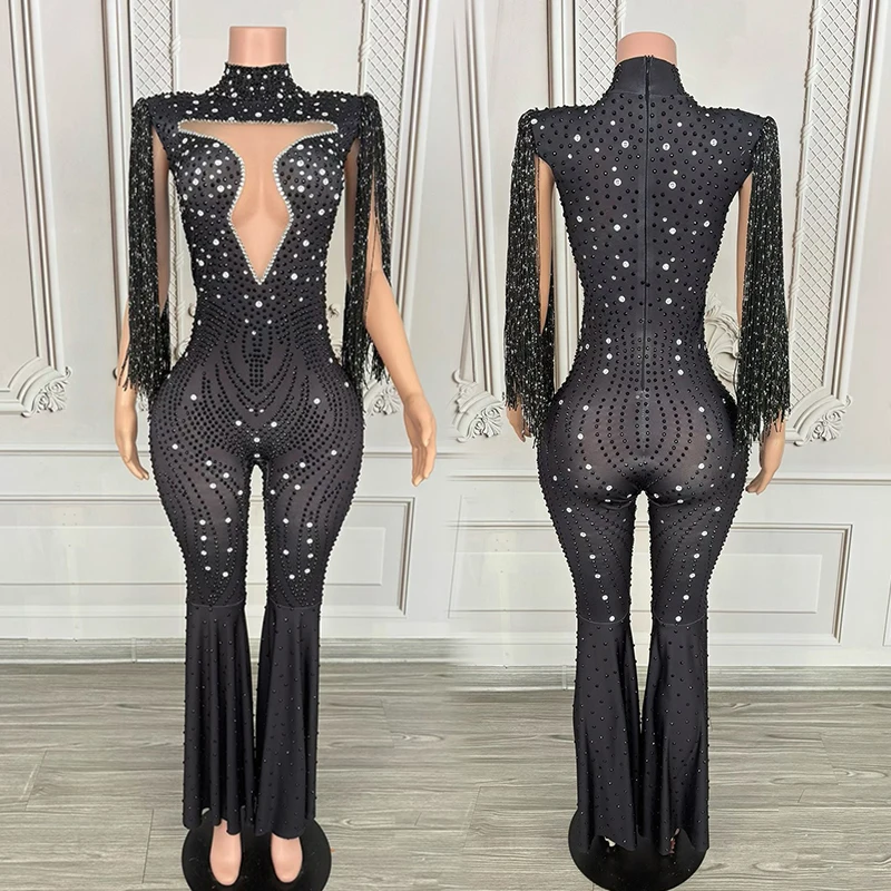2025 신상 여성 쇼 무대 의상 블랙 프린지 라인스톤 바디수트 가수 공연 의상 나이트클럽 파티 클럽웨어 VDL4974