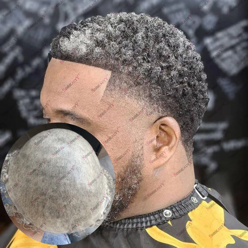 

Black Men's Undetectable Skin Base Afro 6mm Curly Human Hair 1B40 1B65 Gray Black Hair Toupee for Hairloss Male 0.06mm 0.1mm PU