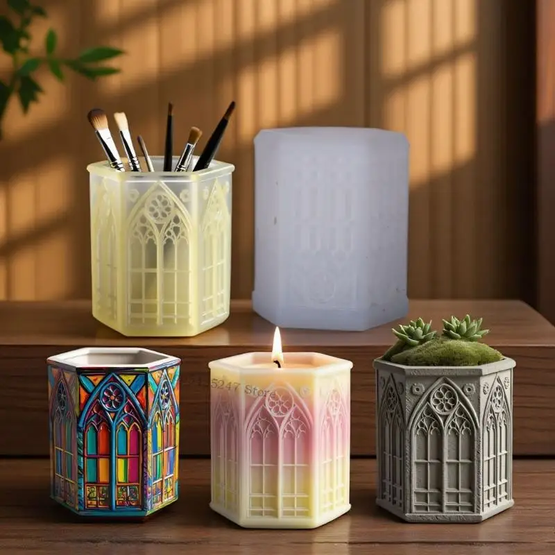 

Гибкая силиконовая цветочная форма с дизайном церковного окна для литья смолы и контейнера для свечи H7EF