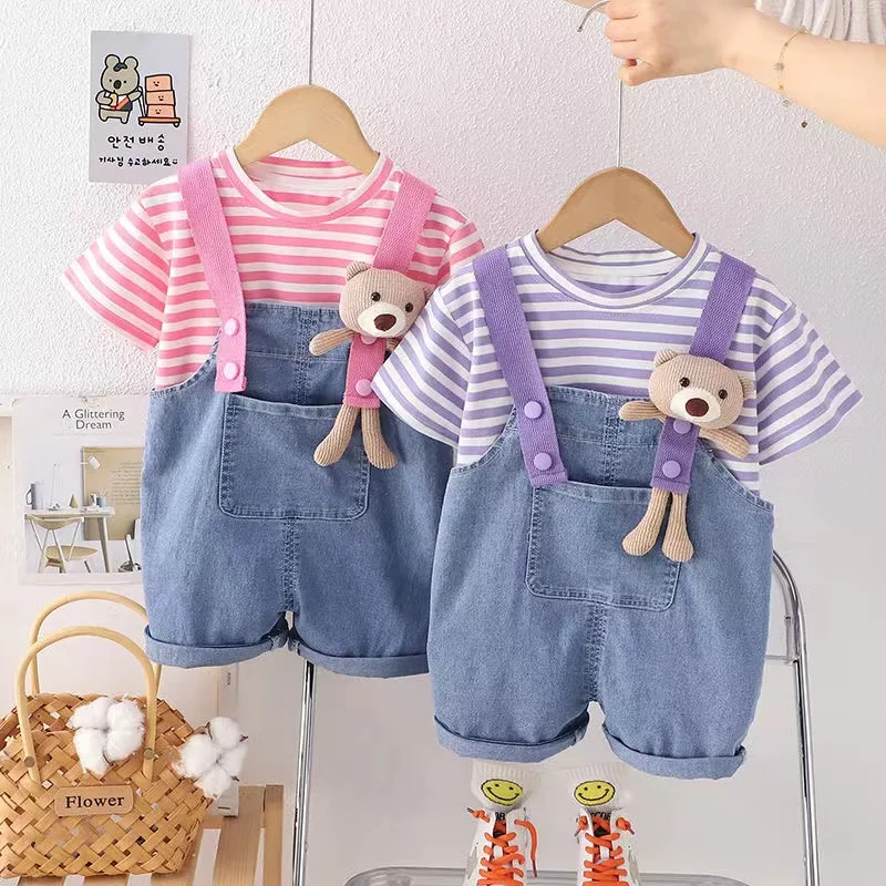 

New 2024 Girls Summer Clothing Set Striped T-shirt And Denim Short Overalls Boys 2 Pcs Suit Children's Outfit