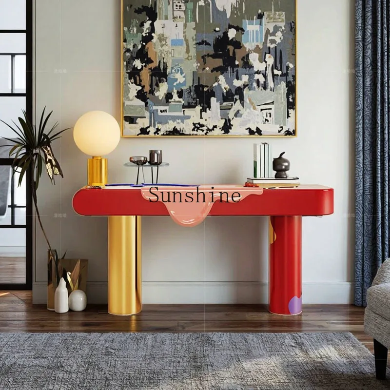 

Light luxury design sense solid wood end view table modern creative stainless steel entrance table