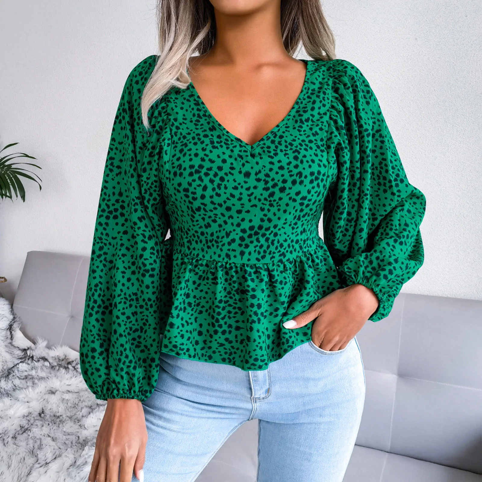 Round Neck Leopard Print Women'S Lotus Leaf Sleeve Temperament Commuting Top Spring Autumn Clothes Long Sleeve Pullover T-Shirt