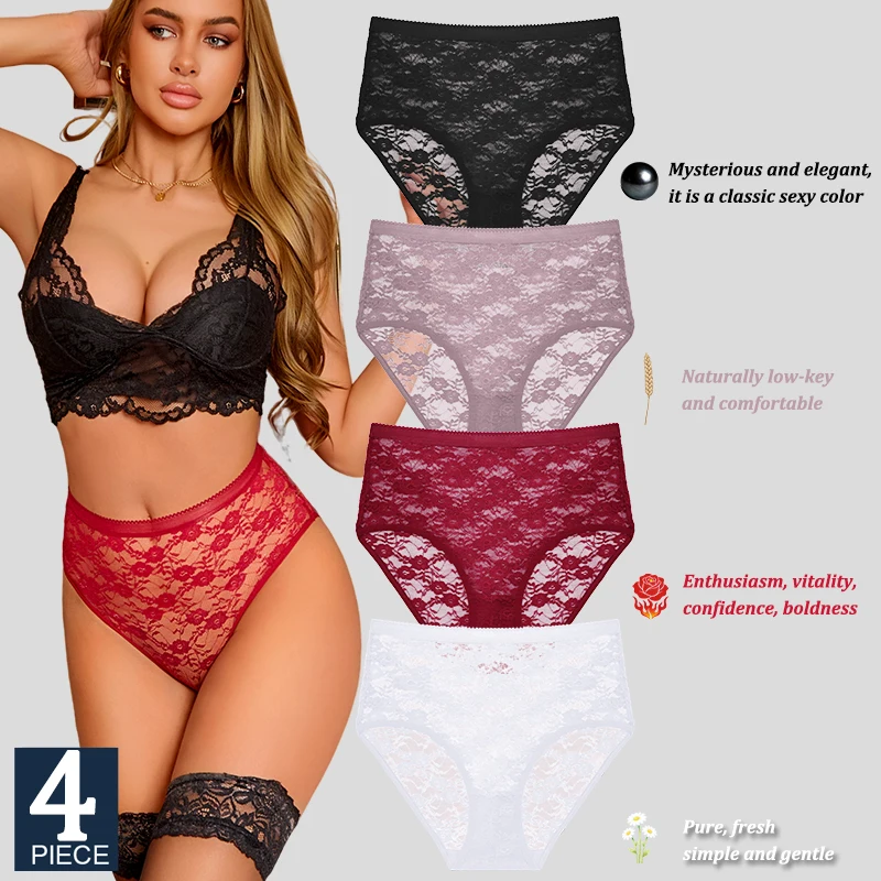 

FINETOO, 4 шт., женские кружевные трусики с высокой талией, сексуальное нижнее белье, прозрачные женские трусы, облегающие трусы больших размеров, S-XXL