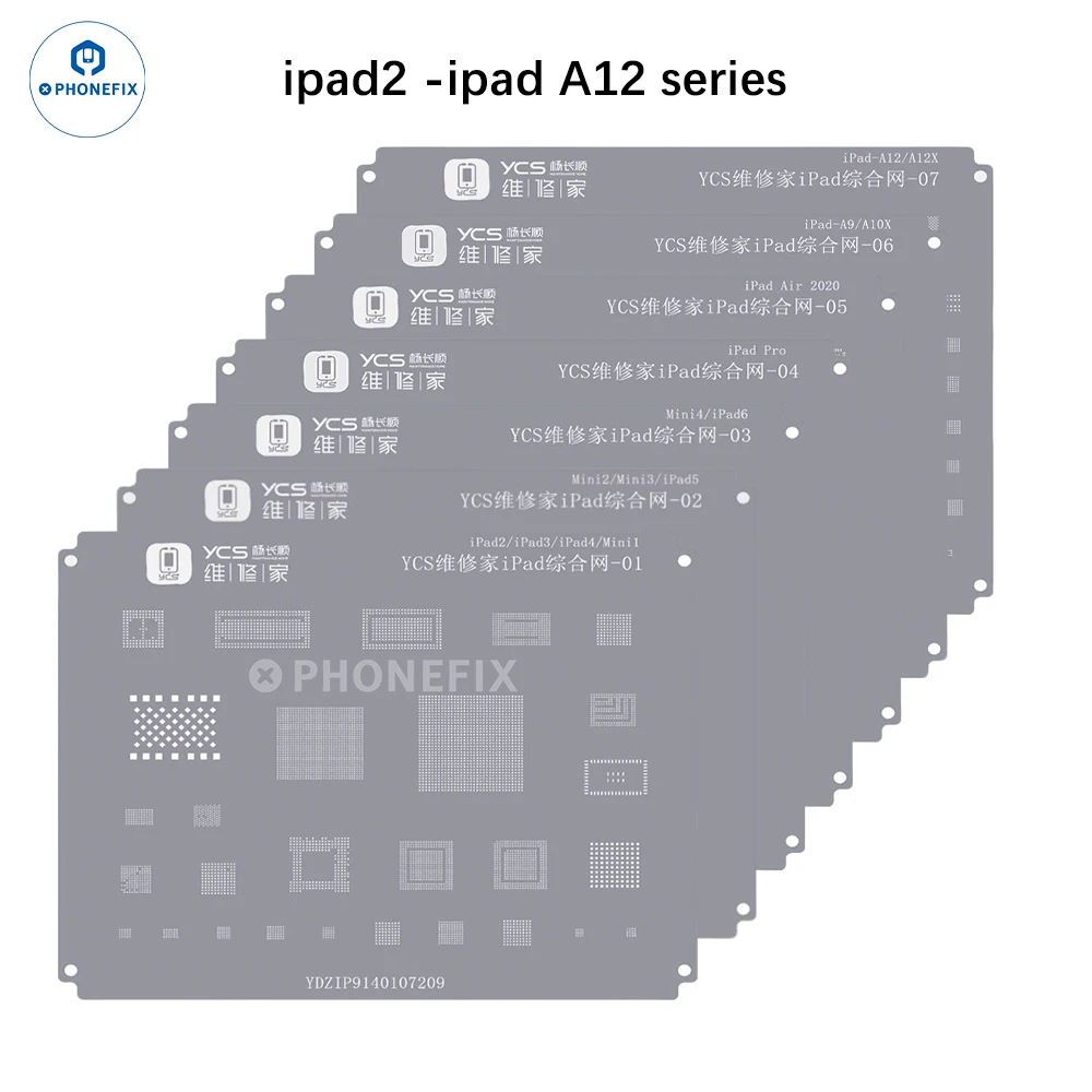 7pcs/Set YCS Universal iPad Stencil Net BGA Template Reballing Stencil for iPad 2 to A12 Series, Tin Planting Repair Stencil