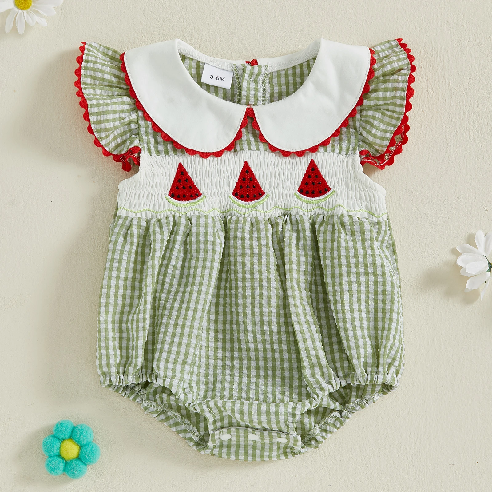 

Летний клетчатый комбинезон для маленьких девочек 0-18 месяцев с летающими рукавами, кукольный воротник, арбузная вышивка, комбинезон с пузырьками