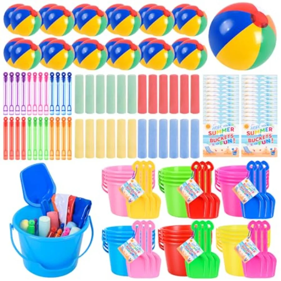 Summer Beach Party Favors: 144 Pcs Set with Sand Buckets, Shovels, Beach Balls, Bubble Wands, Sidewalk Chalk, Cards, Ribbons Pl