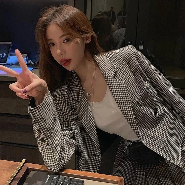 Trendy Korean Houndstooth Short Blazer Women 2026 Spring Fall Fashion Top