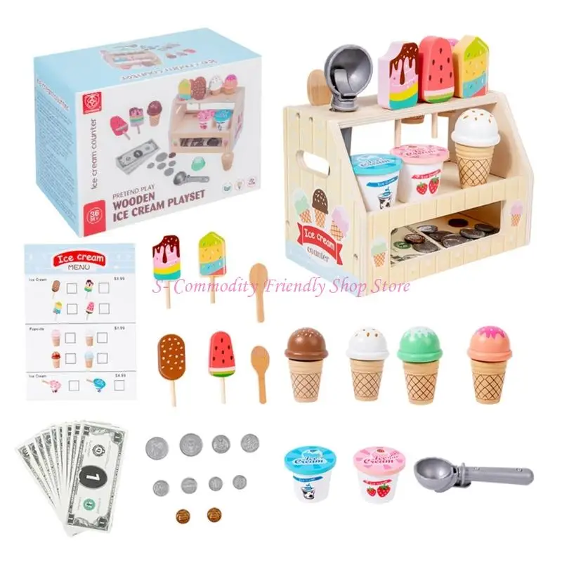 85ae تعليمية التظاهر متجر لعبة الآيس كريم الخشبية مجموعة من 3-6 سنوات الأطفال