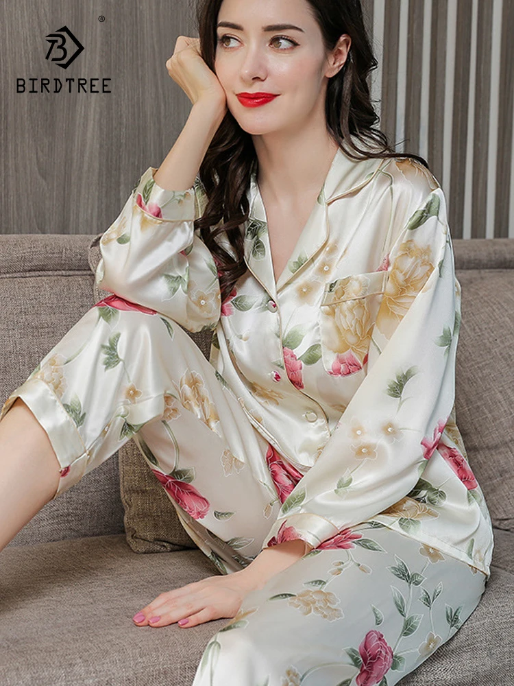 

Birdtree Fall 16MM 100%Real Mulberry Silk Pajama Set Women Satin Print Pyjama Pj Suit Long Sleeve Bedroom Sleepwear Set P36637QC