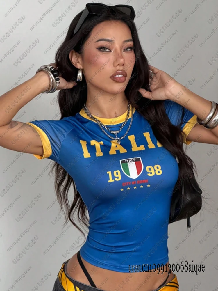 Camiseta corta con estampado de letras Art Aesthetic ITALY para mujer, camisetas Vintage Street Sexy de manga corta para estudiantes, Top corto de verano, ropa Y2k
