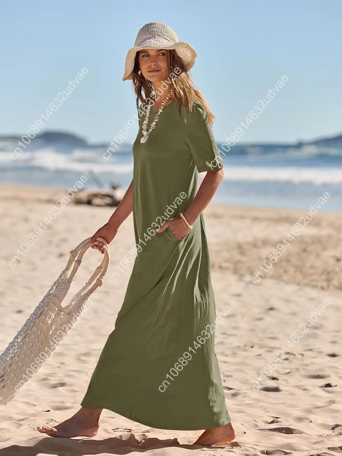 ผู้หญิง 2025 ฤดูใบไม้ผลิฤดูร้อนชุดแม็กซี่ลําลองชายหาดแขนสั้นคอกลมแขนสั้นพื้นฐานชุดเสื้อยืดยาว