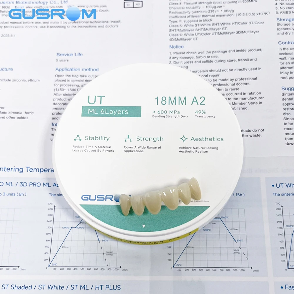 GUSROM UT ML Ultra Translucent Zirconia Disc 98mm Multilayer Dental Zirconia Block for Veneer & Anterior Crown CAD/CAM Zirconia
