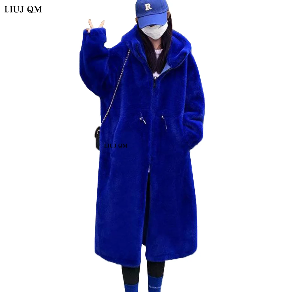 Winter Clothes Women Long Faux Fur Coat Blue Color Drawstring Waist Warm Hooded Casual Parka Oversized Fur Jacket Loose Outwear