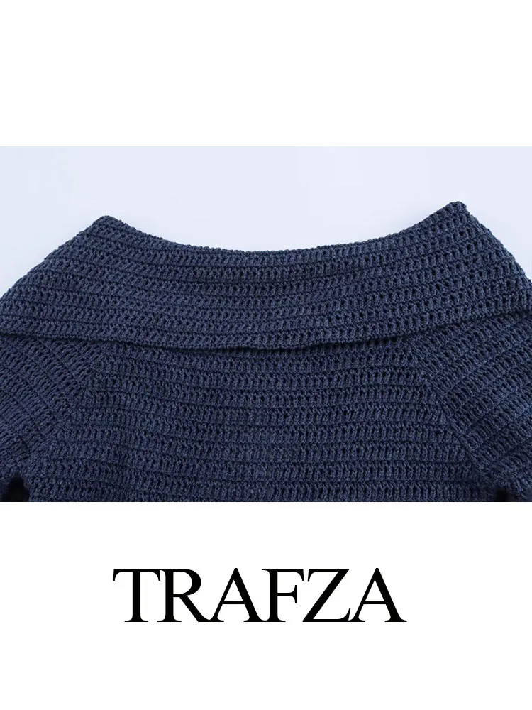 TRAFZA-Camisola casual feminina, gola virada para baixo, mangas compridas, solteiro, ombro fora, peito, feminina, na moda, outono, monocromático, 2021