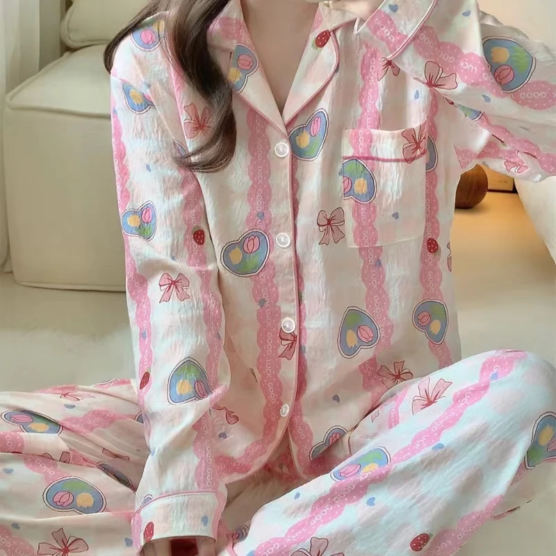 Sweet Young Girl Cloud Cotton Pajamas Sets Women Autumn Winter Long Sleeves Long Pants Cute Sleepwear Love Heart Pjs New Soft Pj