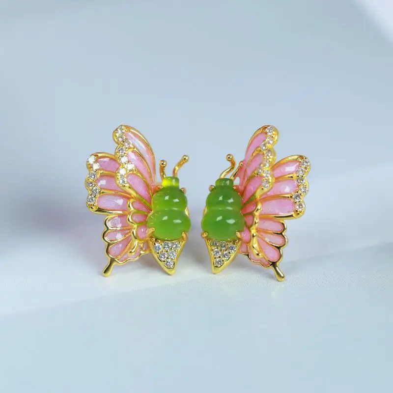 Genuine China Nephrite Stone Green Hetian Jade Gourd 925 Silver Zircon Pink Butterfly Stud Earrings Women Certified Jewelry Gift
