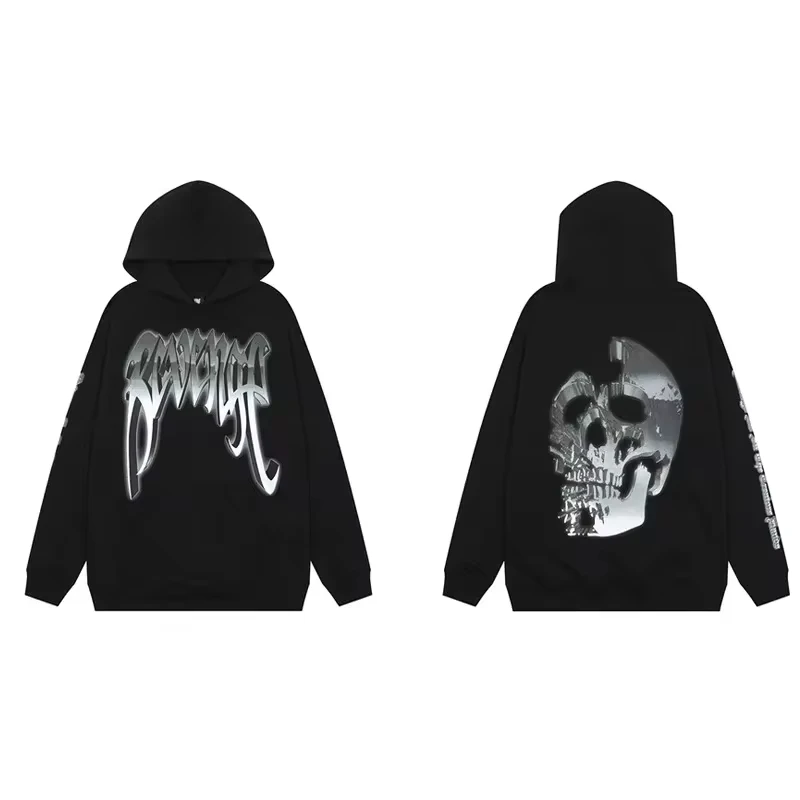 Trendy Revenge Embroidery Long Bone Niche Couple Skull Head American Style Loose Fit High Street Casual Hooded Sweatshirt