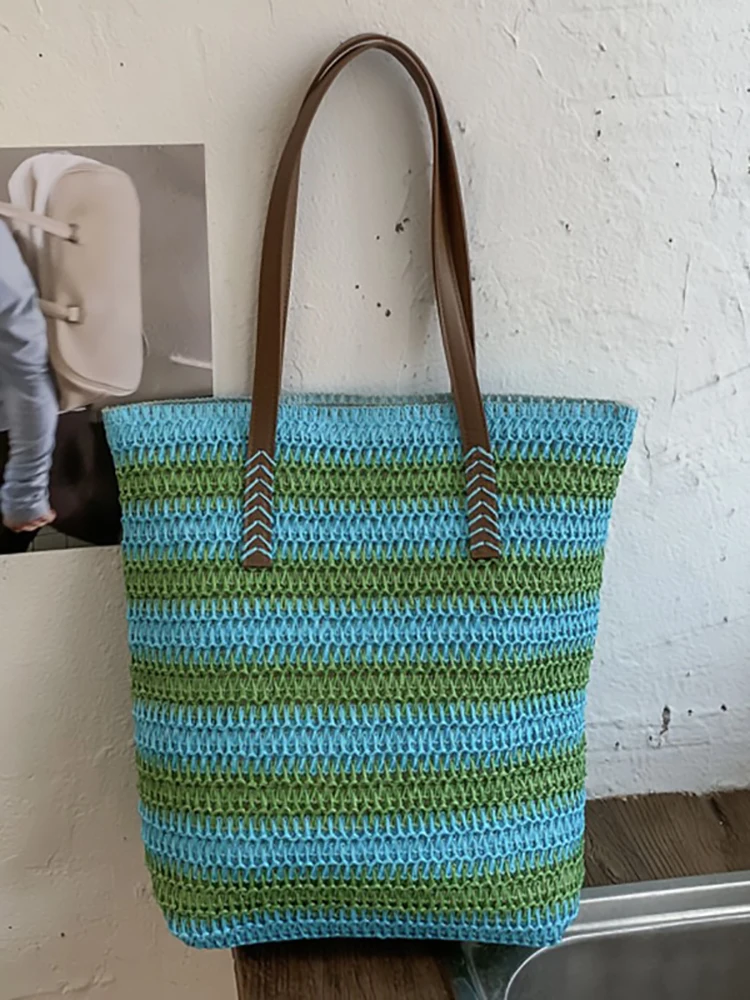 

Летняя полосатая тканая сумка-тоут для женщин, большая вместительная пляжная сумка через плечо, повседневная сумка для отпуска и путешествий во французском стиле