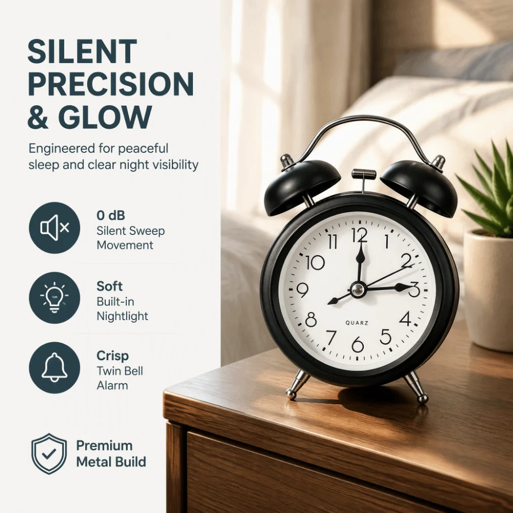 Cute 3 Inch Bell Alarm Clock Battery Operated Twin Bell Metal Alarm Clock Night Light Loud Ringing Small Desk Clock Office Decor
