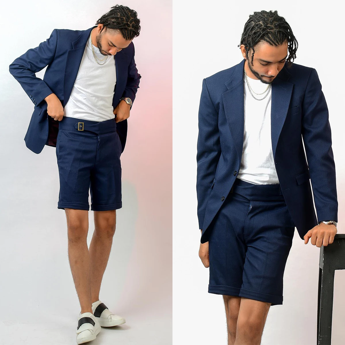 

Navy Men's Suit 2 Pieces Blazer Short Pants Single Breasted Peaked Lapel Business Summer Wedding Groom Tailored Costume Homme