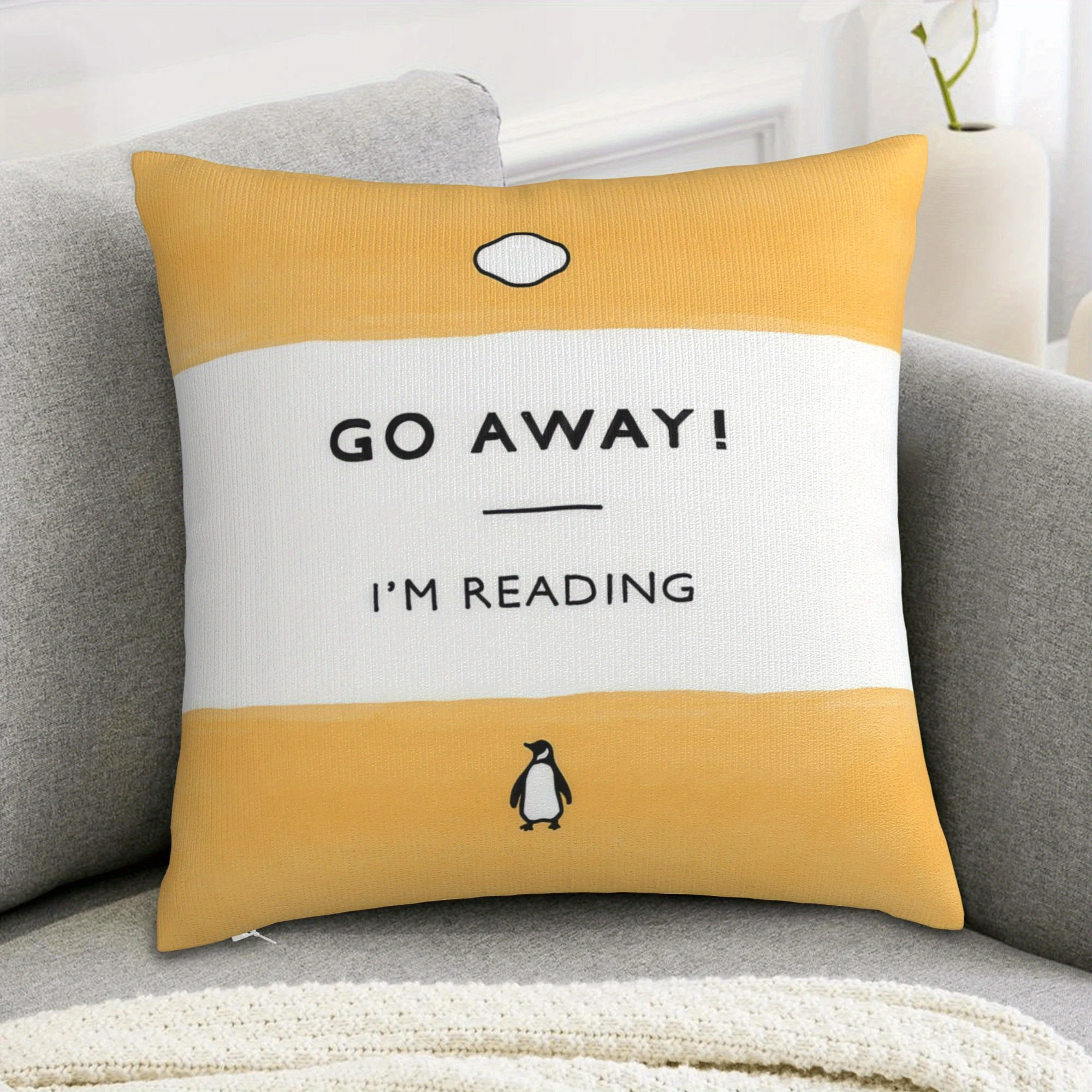 1pc Yellow Penguin Book Inspired Pillow Cover, Polyester 2D Double-Sided Print Cushion Case, Sarcastic Reading Quote Throw Pillo