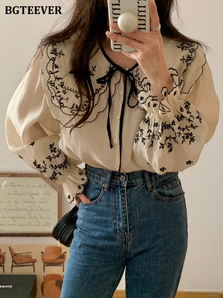 BGTEEVER Fashion Ruffled Collar Embroidery Printed Female Shirts Tops Spring Long Sleeve Single-breasted Women