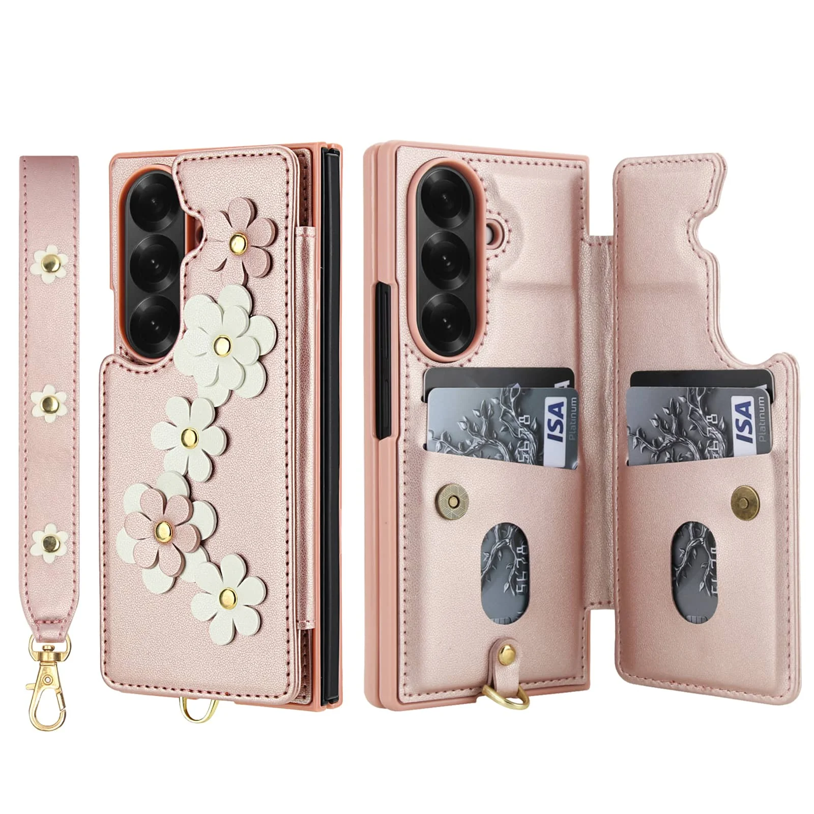 For Samsung Galaxy Z Fold 7 6 5 4 Case Wallet with Card Holder Cute Flower Leather Magnetic Kickstand Shockproof Phone Cover