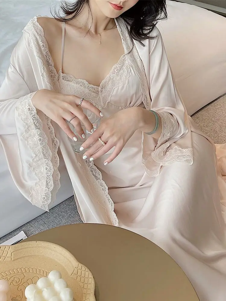 2023 Autumn Silk Sexy Strap Dress Women Lace Vintage V Neck Two-piece Dress Female Causal Elegant Korean Style Long Fairy Dress