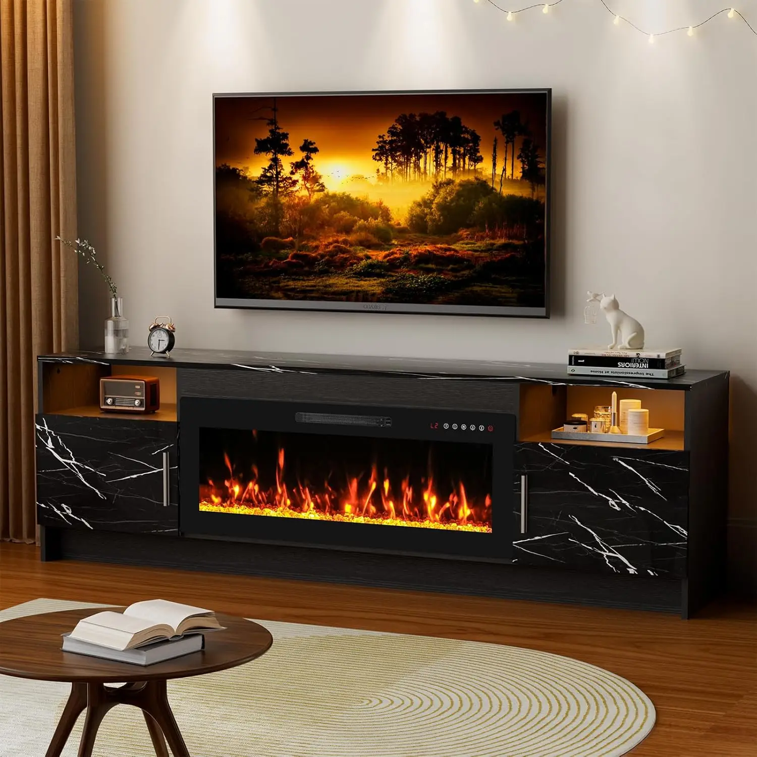 Large TV Stand with Fireplace & LED Lights, High Gloss Storage Cabinet for 65-80 inch TV, Marble Black 70