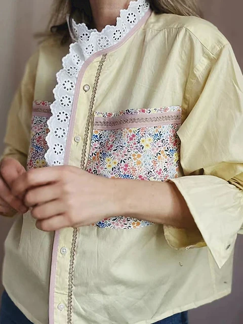 

Elegant Lace Trim Stand Collar Bell Sleeve Patch Pocket Decorative Classic Women's Shirt French Style Fitted Long Sleeve Cotton