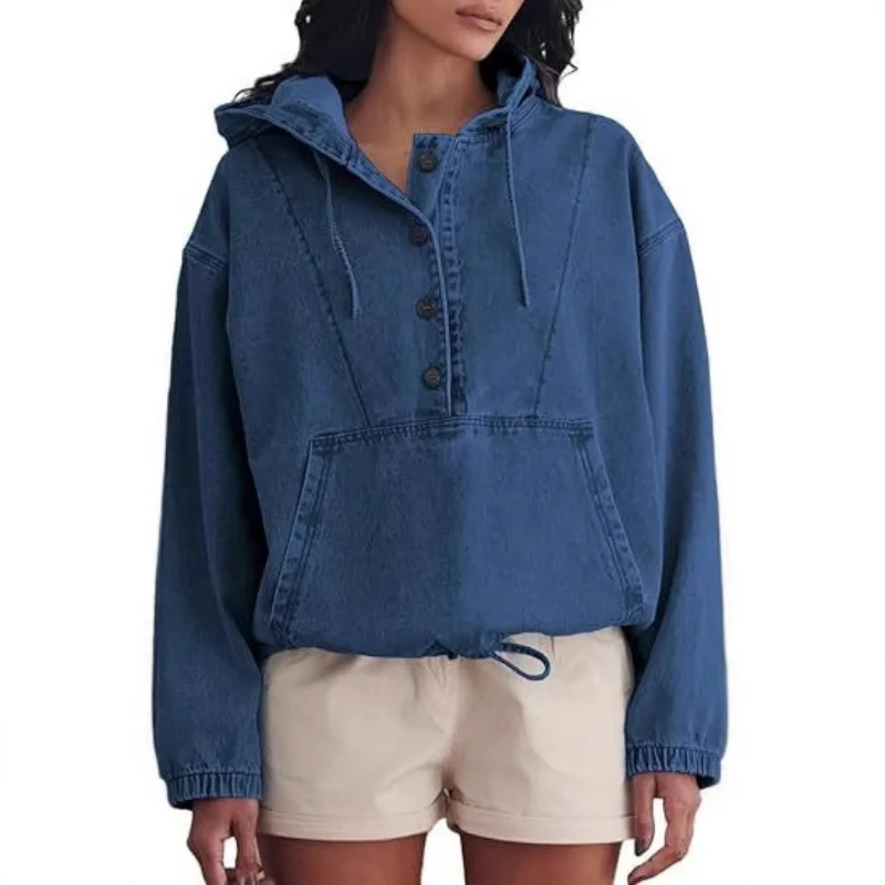 Women's Fashion Denim Hoodie Buckle Jacket 2026 Denim Sportswear Top Trendy Casual Outerwear for Ladies
