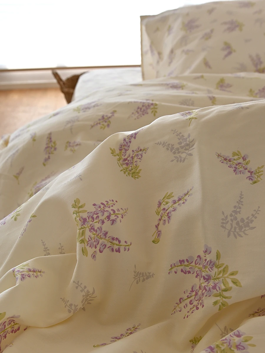 Ins Popular Lilac Print Bedding Set 100% Cotton Sheets and Duvet Cover Full/Queen/King Size Soft and Breathable Bedroom Decor