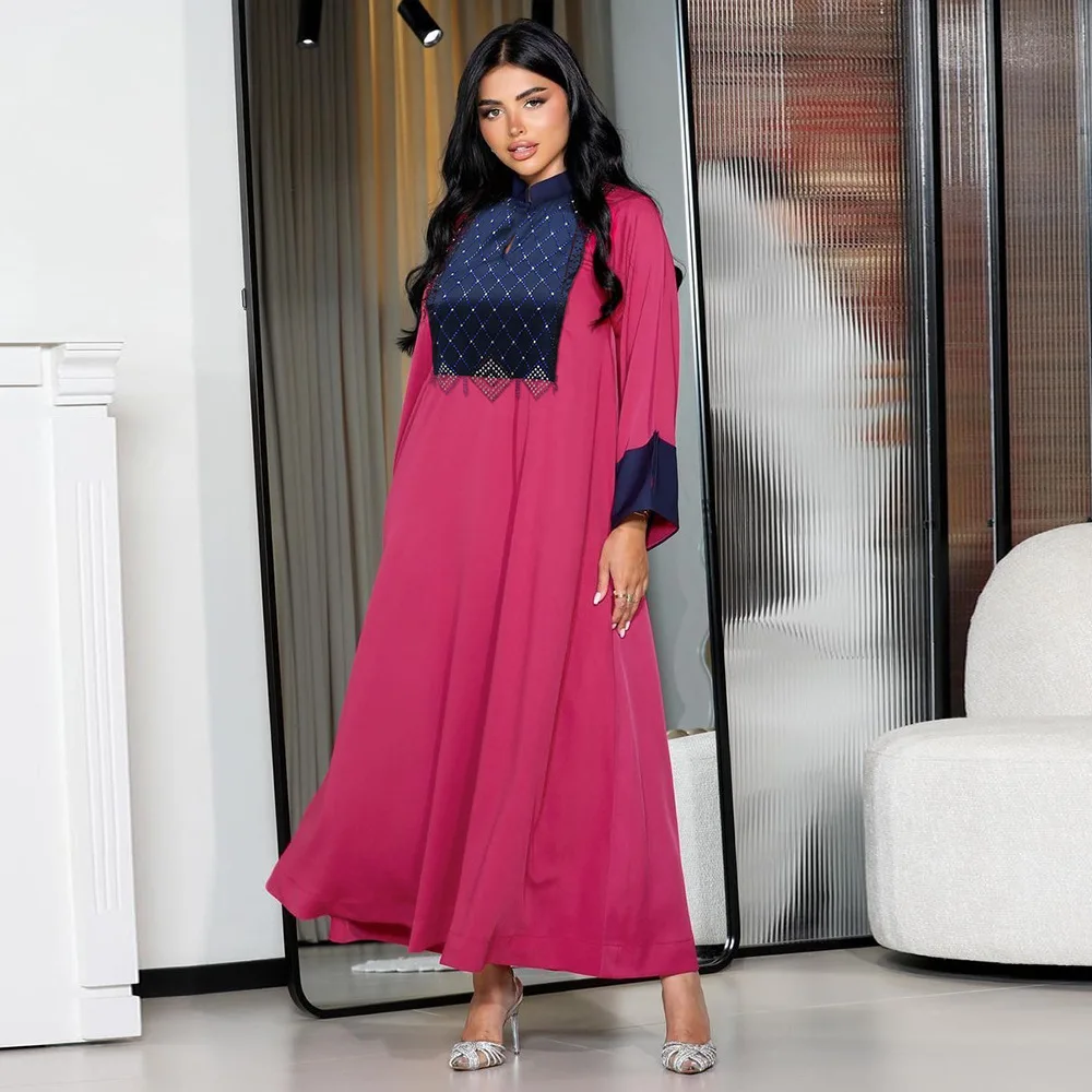 Eid Satin Abaya Muslim Women Diamonds Dress Rose Red Jalabiya Long Maxi Gown Splicing Color Kaftan Islam Elegant Arab Caftan