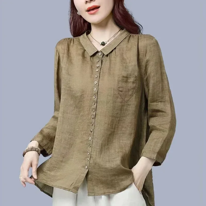 Frühling Herbst Vintage Baumwolle Leinen Strickjacke Hemd Damen Elegante Lange Hülse Tasten Top Frauen Bequeme Lose Beiläufige Bluse