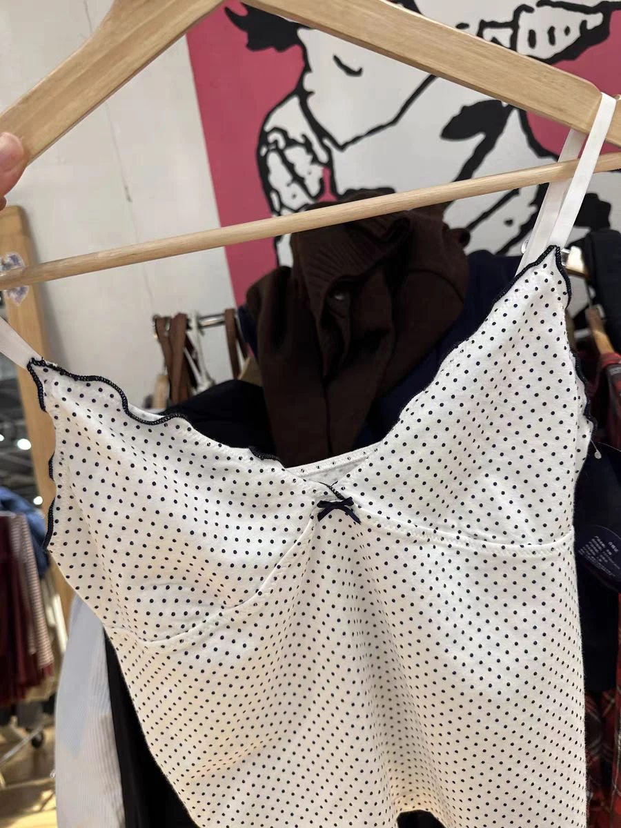 New Black Dot Bow Slim Crop Top Women Summer Fungus Trim V-neck Sleeveless Camisole Sweet Cute Preppy Style Cotton Tank Tops Y2k — zdjęcie 6