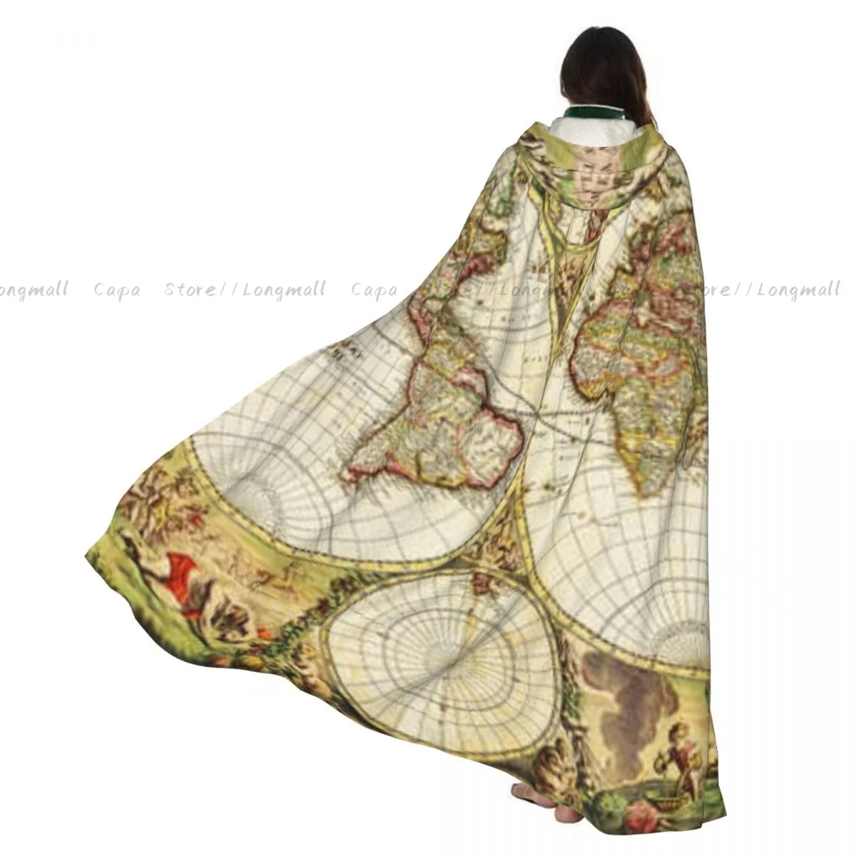 

1670 Ancient Map Of The World Hooded Cloak Coat Halloween Cosplay Costume Vampire Devil Wizard Cape Gown Party