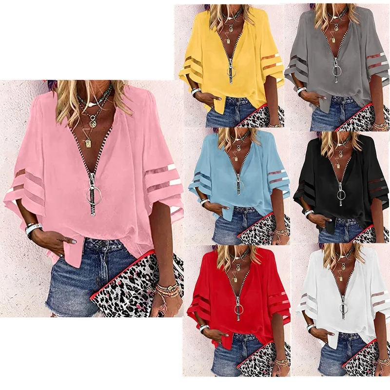 Women's Shirt Top 2024 Summer V-Neck Zipper Patched Loose Blouse Блузки Женские Новинки Camisas De Mujer Blusa Gasa Elegante